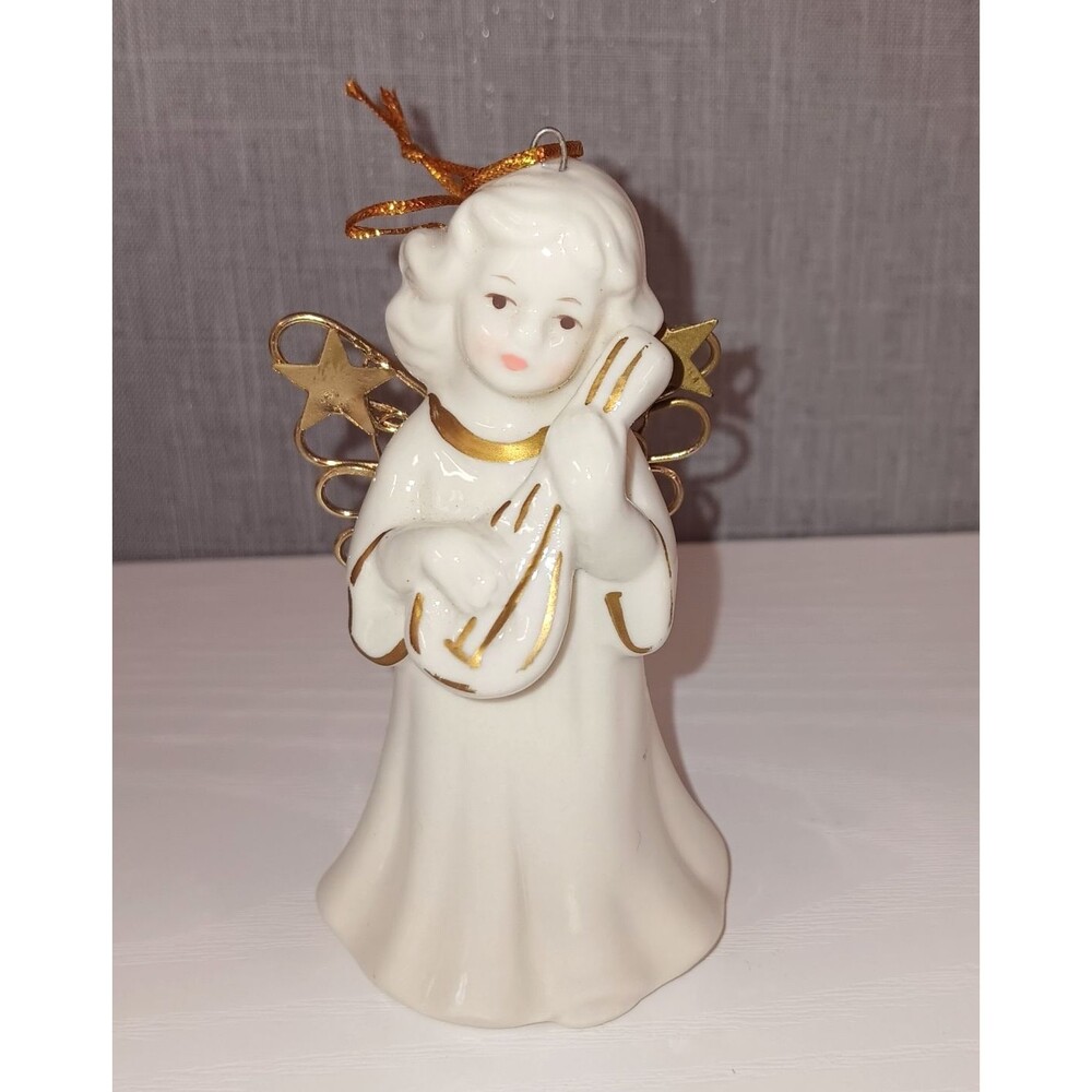 VTG Porcelain Angel Bell Christmas Ornament 4" Gold Accent Lute Mandolin Holiday